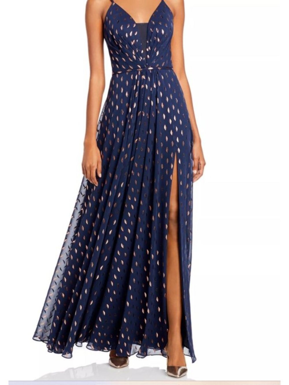 AQUA Formal Celestial Navy & Gold Metallic Foil Maxi Dress SZ 12 Floor Length